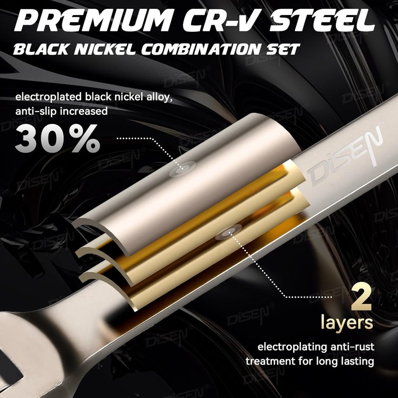 DISEN 90 Teeth Ratchet Wrenches Set 8 Pieces, Flex Head Ratcheting Wrench Set Metric 8 10 12 13 14 15 17 19MM, Nickel Plating Cr-V Constructed with Organizer Rack - Image 3